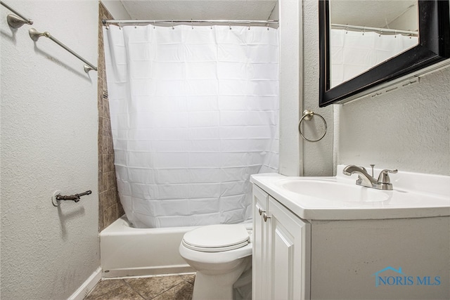 full bathroom with vanity, toilet, shower / bath combination with curtain, and tile patterned flooring