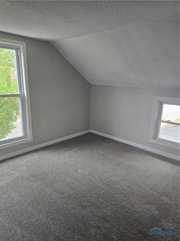 bonus room with lofted ceiling, a textured ceiling, and a healthy amount of sunlight