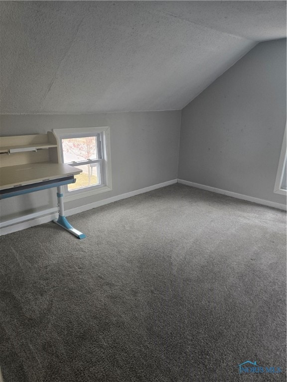 bonus room with a textured ceiling, lofted ceiling, and carpet floors