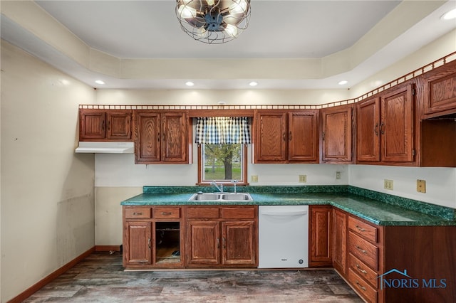 kitchen with sink, white dishwasher, and dark hardwood / wood-style flooring