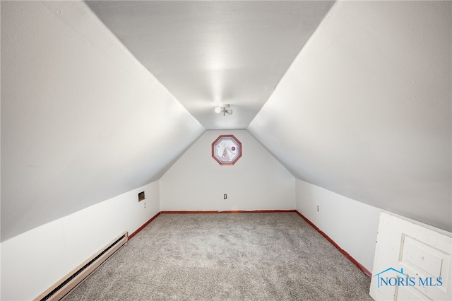 bonus room with carpet flooring, a baseboard radiator, and vaulted ceiling