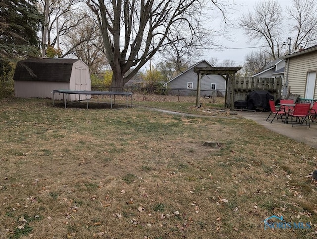 view of yard with a shed and a patio area