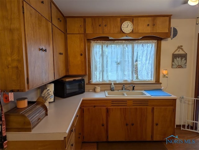 kitchen with radiator heating unit, sink, and dark hardwood / wood-style floors