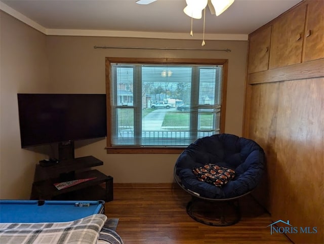 bedroom featuring pool table, ceiling fan, and dark hardwood / wood-style floors