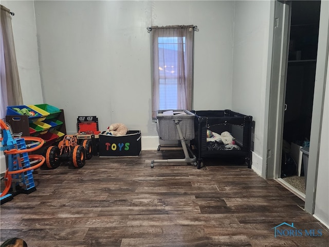 recreation room with dark wood-type flooring