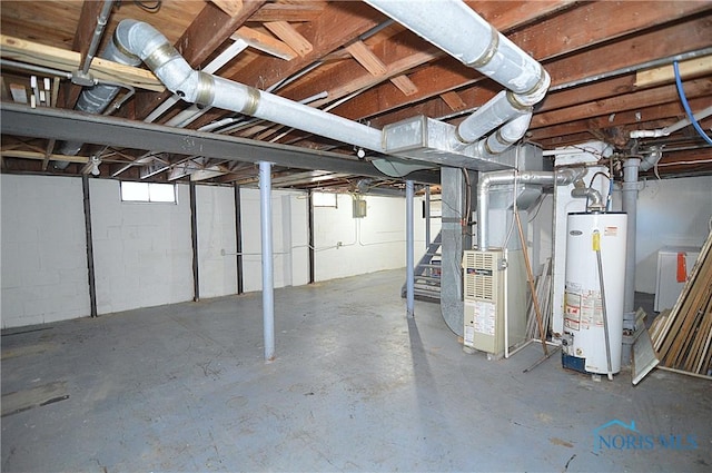 basement with heating unit and gas water heater