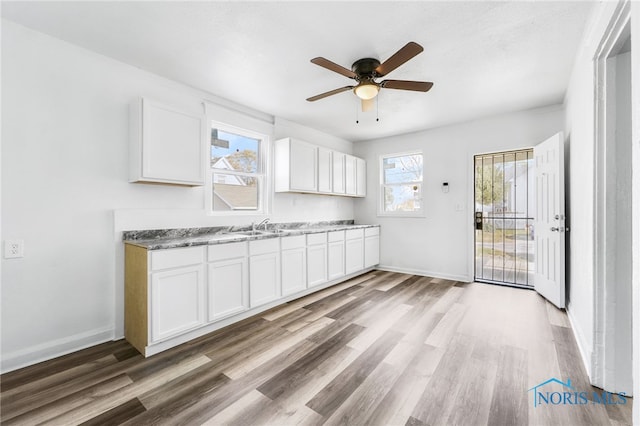 kitchen with white cabinetry, hardwood / wood-style floors, ceiling fan, and sink