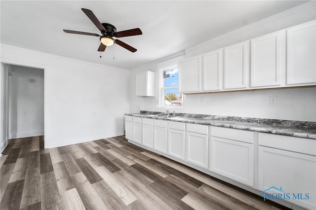 kitchen with white cabinets, dark hardwood / wood-style floors, and sink