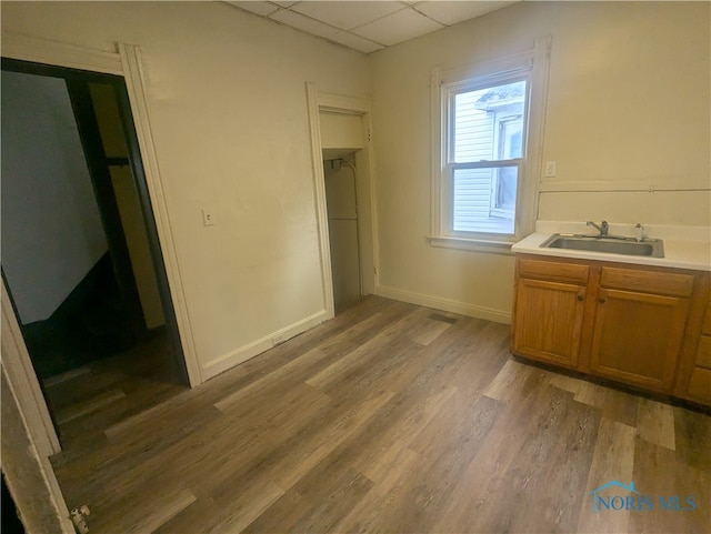 bathroom with hardwood / wood-style floors, a drop ceiling, and sink