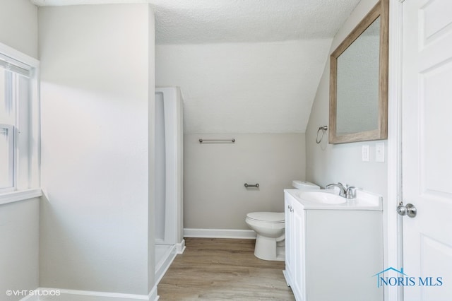 bathroom with wood-type flooring, vanity, a textured ceiling, toilet, and lofted ceiling