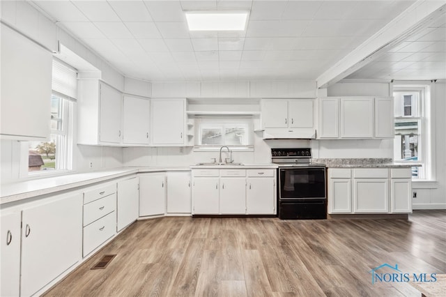 kitchen with white cabinets, a wealth of natural light, light wood-type flooring, and electric range