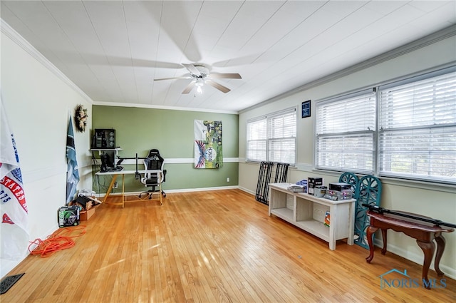 miscellaneous room featuring ornamental molding, hardwood / wood-style flooring, and ceiling fan