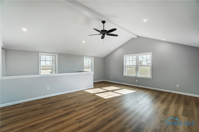 bonus room with vaulted ceiling with beams, ceiling fan, and dark wood-type flooring