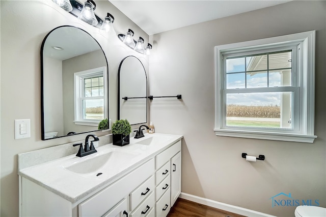 bathroom with toilet, vanity, and hardwood / wood-style flooring