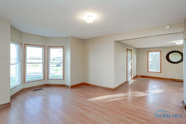 unfurnished room featuring a healthy amount of sunlight, a textured ceiling, and light wood-type flooring