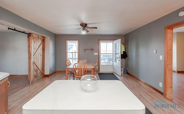 dining area featuring a barn door, ceiling fan, and light wood-type flooring