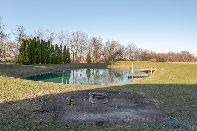 view of swimming pool featuring a lawn and a water view