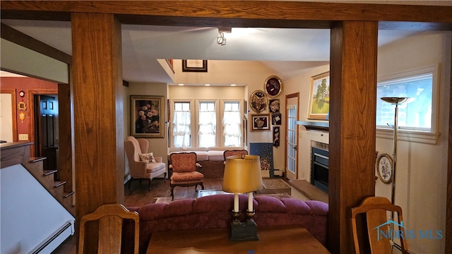 living room with a wealth of natural light, baseboard heating, and hardwood / wood-style flooring