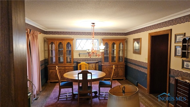 dining area featuring a notable chandelier, a textured ceiling, crown molding, and dark wood-type flooring