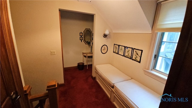 corridor with lofted ceiling and dark carpet