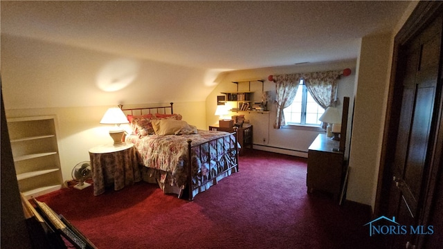 bedroom featuring vaulted ceiling, baseboard heating, dark carpet, and a textured ceiling