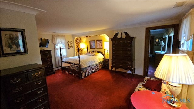 carpeted bedroom featuring multiple windows, a baseboard heating unit, and ornamental molding