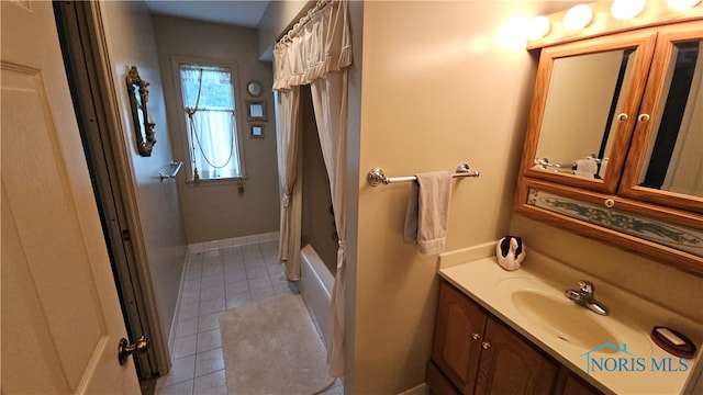 bathroom with tile patterned flooring, vanity, and shower / bath combination with curtain