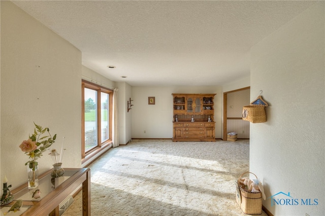 carpeted living room with a textured ceiling