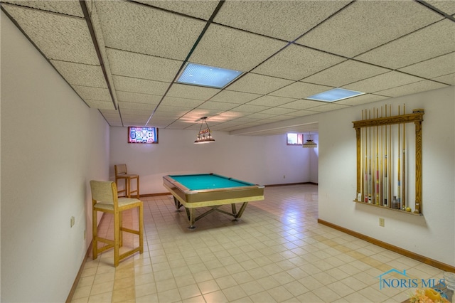 recreation room with a drop ceiling, a healthy amount of sunlight, and pool table