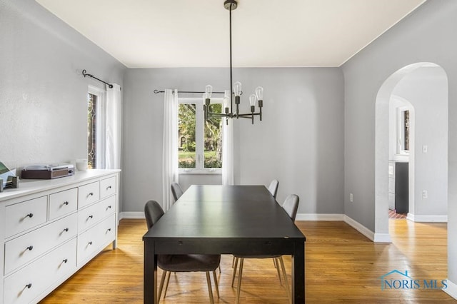 dining room with light wood-type flooring, a chandelier, and a healthy amount of sunlight