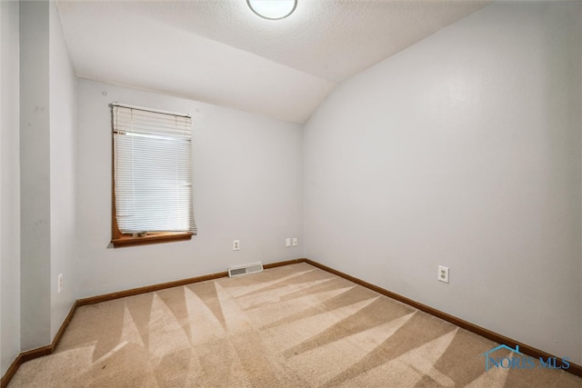 empty room with light colored carpet, a textured ceiling, and lofted ceiling