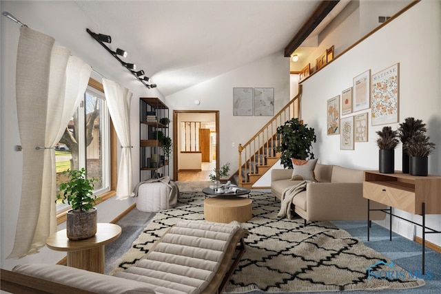 living room featuring high vaulted ceiling and carpet floors