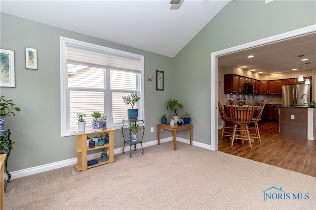 interior space with carpet and lofted ceiling