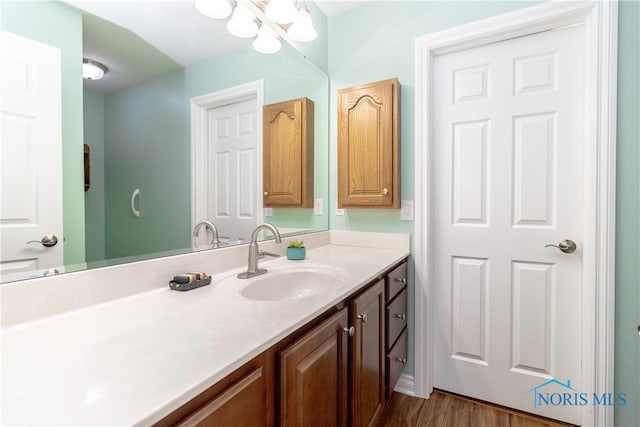 bathroom featuring vanity and wood-type flooring