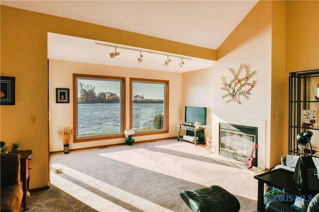 living room with carpet flooring, rail lighting, and vaulted ceiling