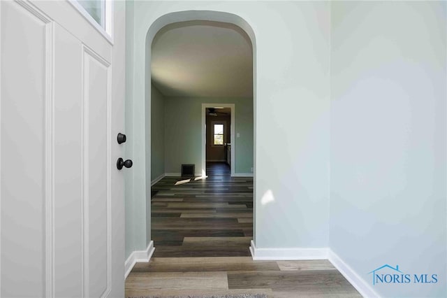 hall featuring dark wood-type flooring