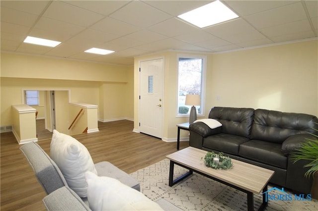 living room with ornamental molding, wood-type flooring, and a drop ceiling