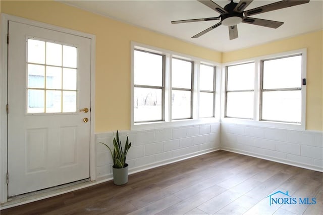 doorway with ceiling fan and dark hardwood / wood-style floors