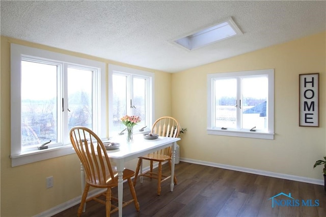 dining room with a wealth of natural light, a textured ceiling, and dark hardwood / wood-style floors