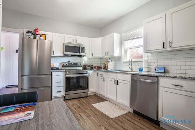 kitchen featuring white cabinets, sink, dark wood-type flooring, and appliances with stainless steel finishes