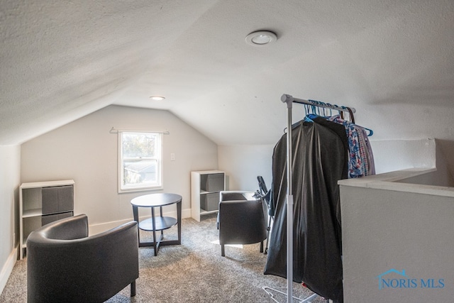 interior space with light carpet and vaulted ceiling