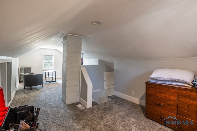 bonus room featuring lofted ceiling, a textured ceiling, and carpet floors