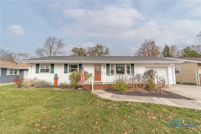 ranch-style house with a porch, a garage, and a front yard