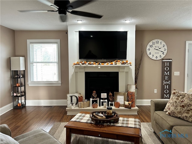 living room with hardwood / wood-style flooring, ceiling fan, and a textured ceiling