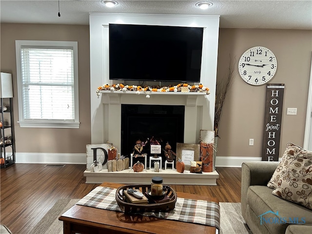 living room with dark hardwood / wood-style floors and a textured ceiling