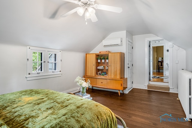 bedroom with a wall unit AC, ceiling fan, vaulted ceiling, and dark hardwood / wood-style flooring