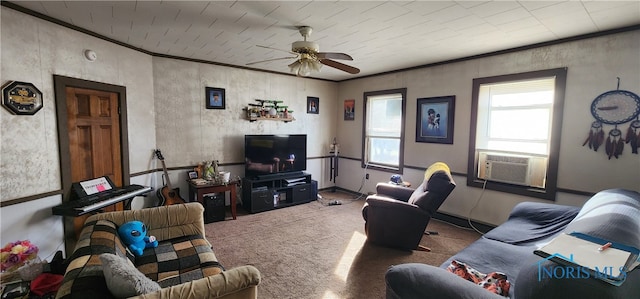 living room featuring carpet flooring, ornamental molding, cooling unit, and ceiling fan