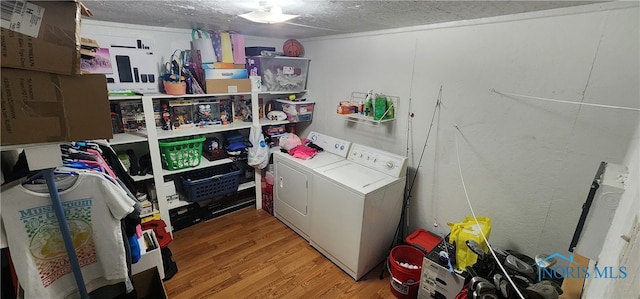 laundry area with washer and dryer and light hardwood / wood-style flooring