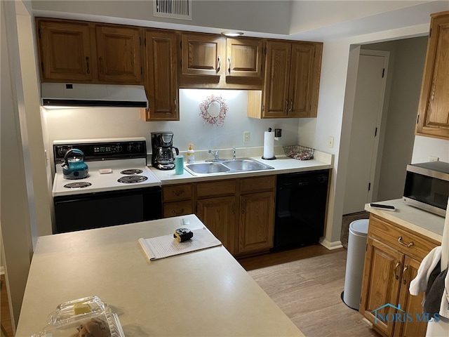 kitchen with dishwasher, white range with electric stovetop, sink, and light hardwood / wood-style floors