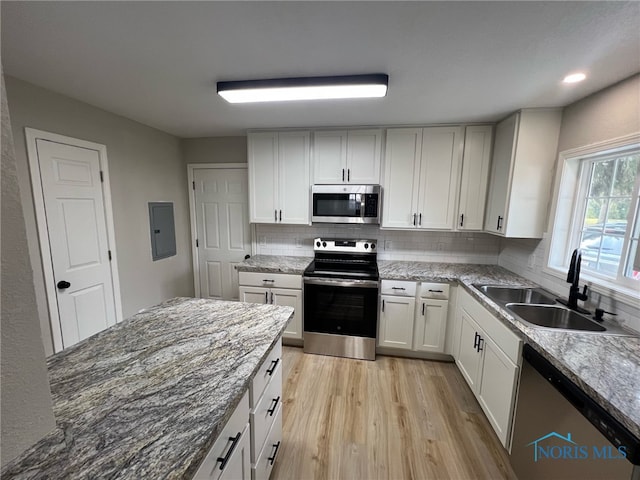 kitchen featuring sink, light wood-type flooring, tasteful backsplash, white cabinetry, and stainless steel appliances